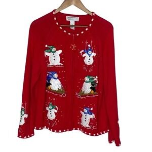 VTG Tiara International Womens Christmas Sweater Size L Red Snowman Sledding Ski